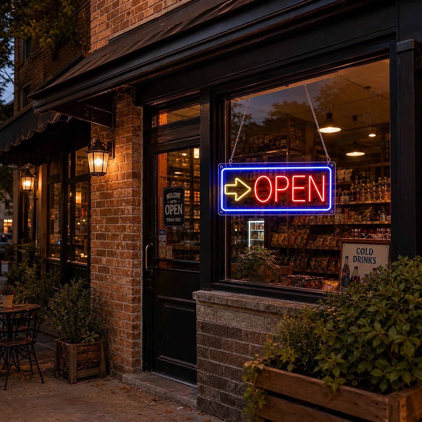 Neon Arrow Sign with OPEN Lettering