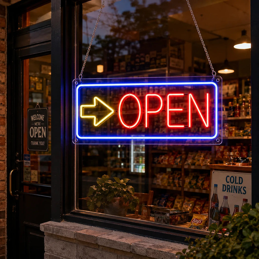 Neon Arrow Sign with OPEN Lettering