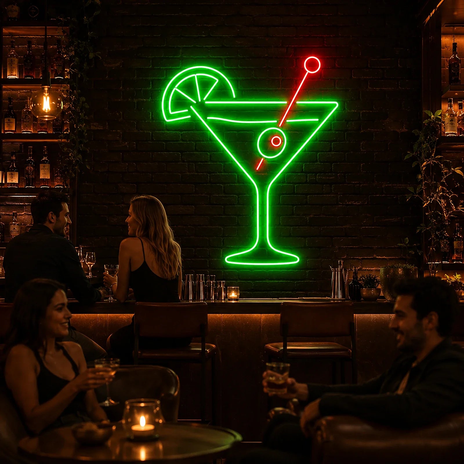 Cocktail Glass with Olive LED Neon Sign for Bar Decor