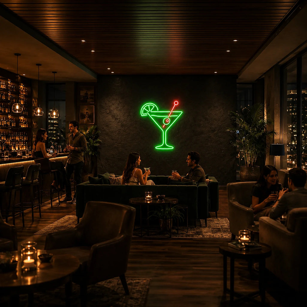 Cocktail Glass with Olive LED Neon Sign for Bar Decor