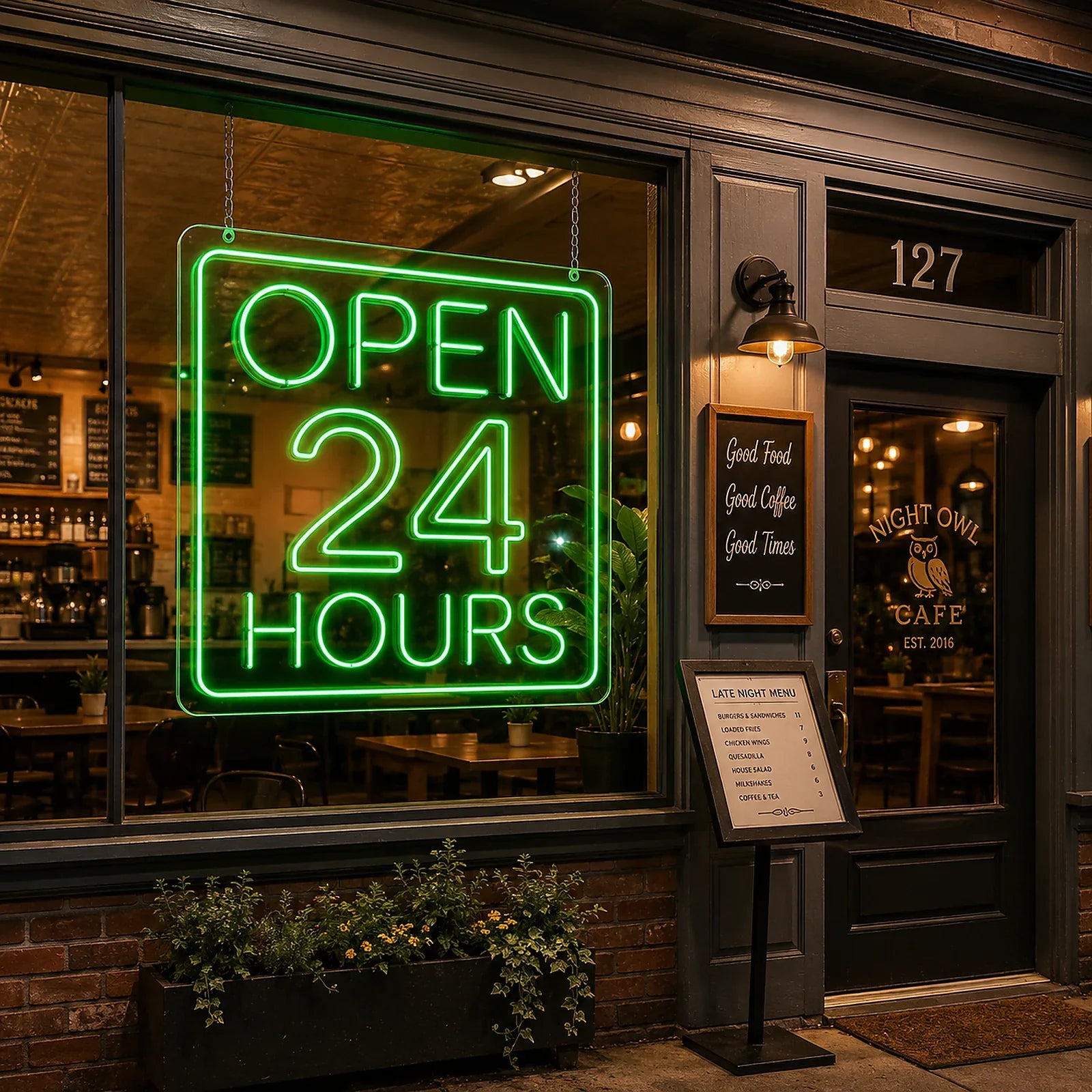 Green Open Neon Sign 24 Hours Business Sign