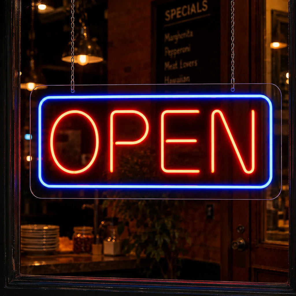 Red & Blue Open Neon Sign for Storefront